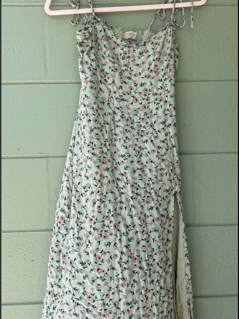 Floral Maxi Slip Dress in Mint with Pink Blossoms